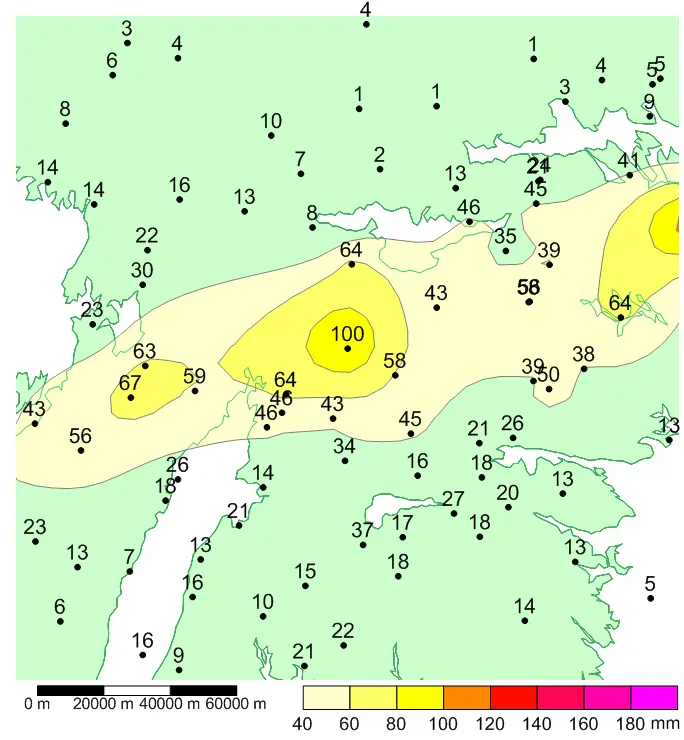 Kartbild över nederbördsmängder Hallsberg.
