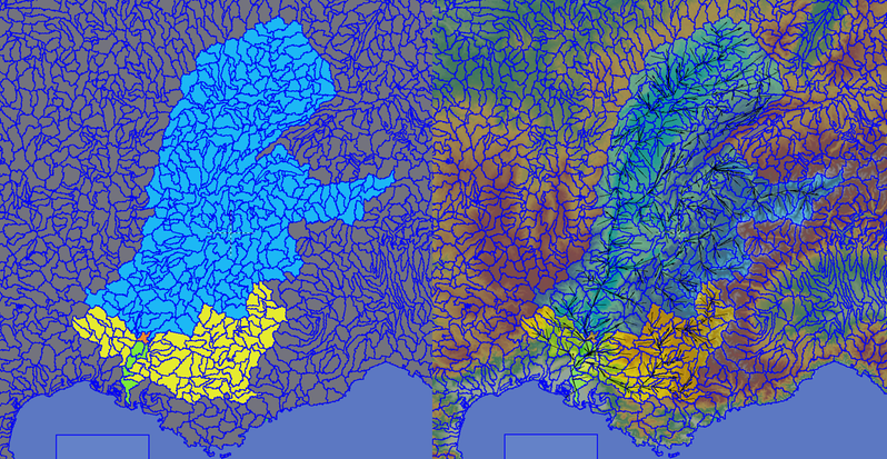 Illustration av hydrologiska avrinningsområden och hur de anknyter till varandra.