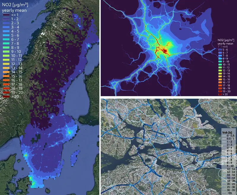 Tre kartor som visar resultat från CLAIR över Sverige och Stockholm, där högre halter av kvävedioxid syns i större städer och längs större vägar, samt illustration över trafikflöde i Stockholm.