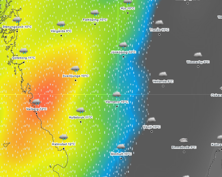 Karta som visar exempel på en väderkarta över södra Sverige om hösten, där ett nederbördssystem kommer in från väster.
