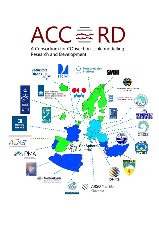 Illustration showing the countries and institutions included in the ACCORD consortium. The name ACCORD stands for A Consortium for COnvection-scale modelling Research and Development.