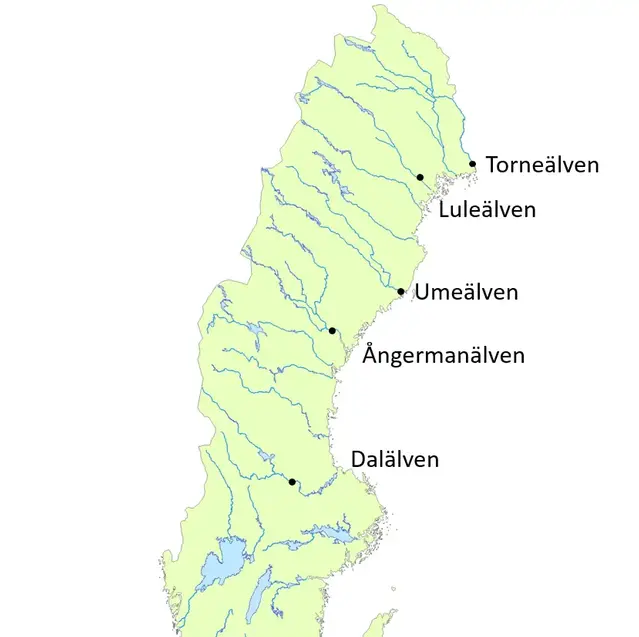 Sverigekarta med vattendrag och fem älvar namngivna