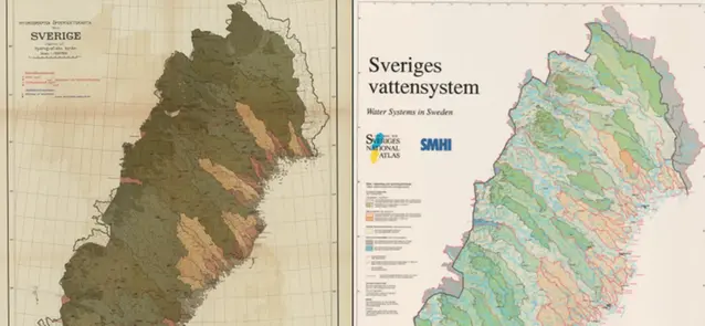 ''Hydrografisk öfversiktskarta öfver Sverige" ur Hydrografiska Byråns Årsbok för åren 1908 och 1909 och "Sveriges vattensystem", en karta som togs fram 1995