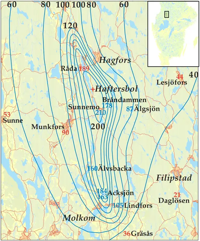 Karta över nederbörden i mm den 4 augusti 2004,