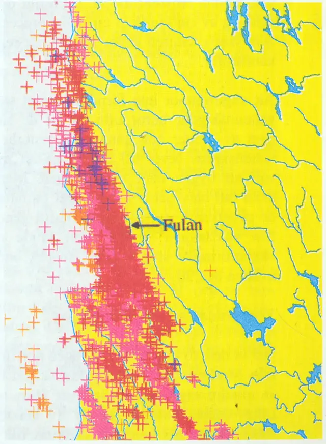 Karta med punkter där blixtar slagit ner