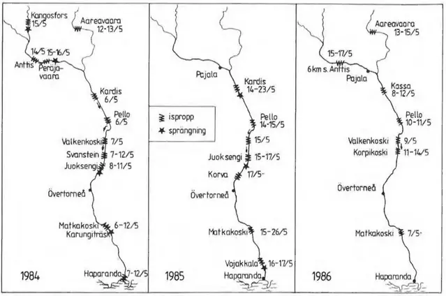 Kartor över var islossningar inträffade de olika åren.