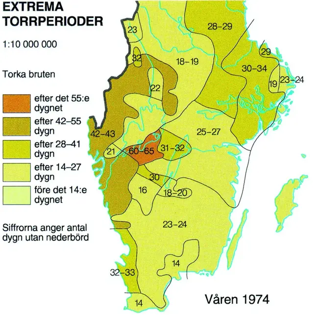 Antal dygn utan nederbörd våren 1974. Källa: Sveriges Nationalatlas.