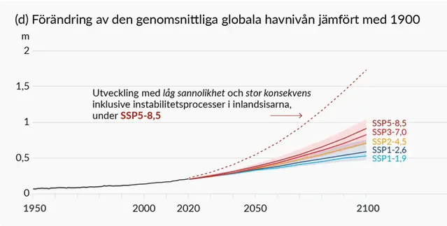 Tabell som visar förändringen av den genomsnittliga globala havsnivån jämfört med 1900. 