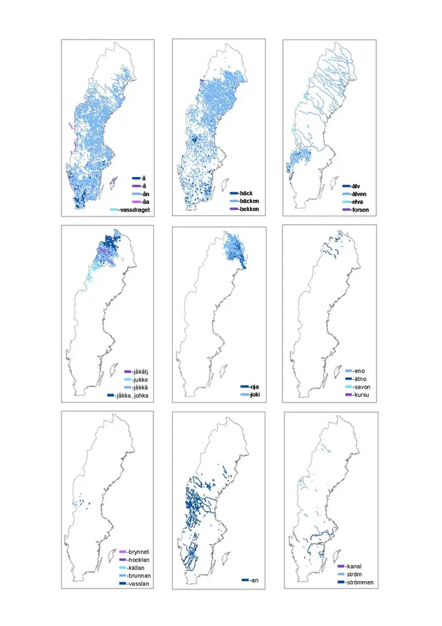 Karta som visar var det är vanligt med vattendragsnamn