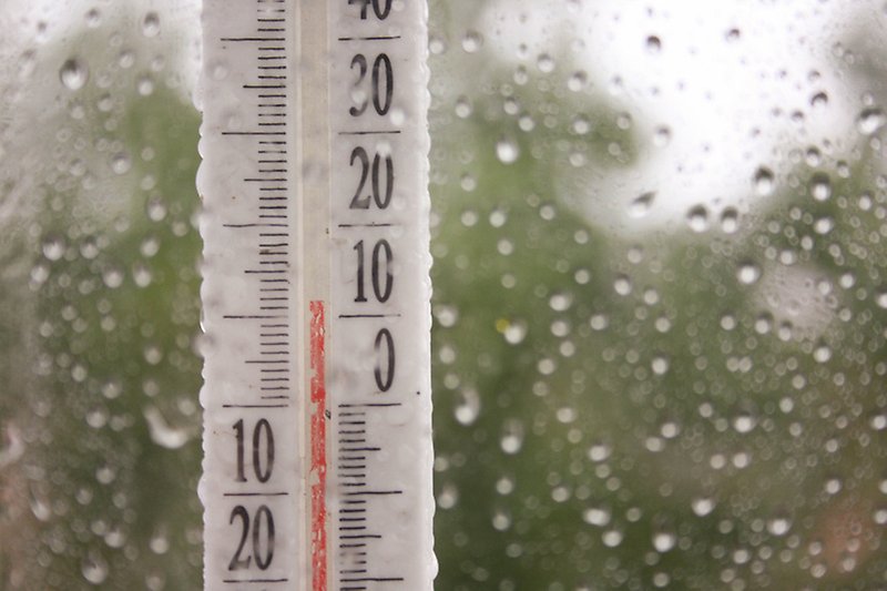 Termometer som syns genom ett regnstänkt fönster