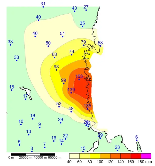 Kartbild över nederbörd i Söderhamn augusti 2017.
