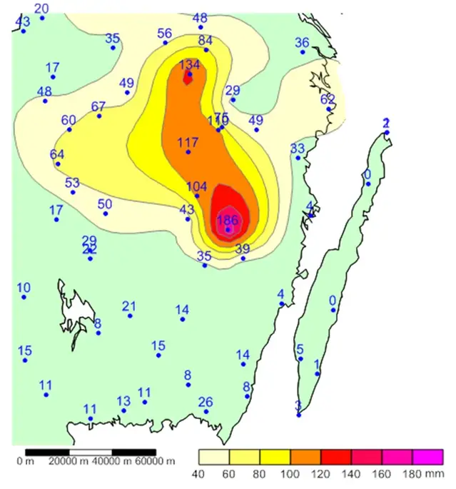 Karbild över nederbörd Hinshult juli 2012.