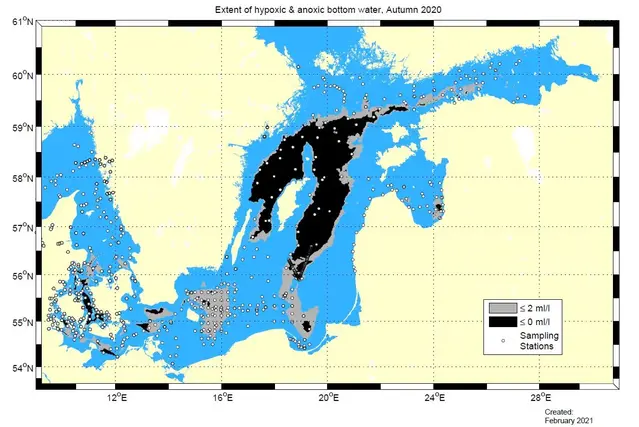 Helt syrefria bottnar finns främst runt Gotland, kartbild