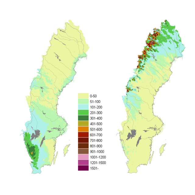 Till vänster: Avrinningen under vintern 2016 (december, januari, februari). Till höger: Avrinningen (mm) under sommaren 2016 (juni, juli, augusti)