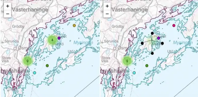 Karta över mätstationer, detaljerad utvärdering Kustzonsmodellen.